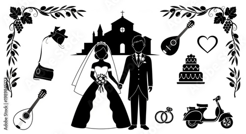 Wedding Couple Silhouette with Festive Elements.