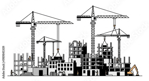 Construction Site With Multiple Cranes Building Structures.