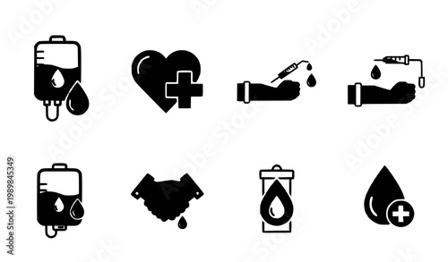 A set of black and white vector icons representing blood donation and medical care
