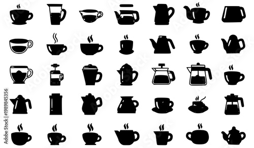 A collection of black coffee cup and teapot vector silhouettes on a white background