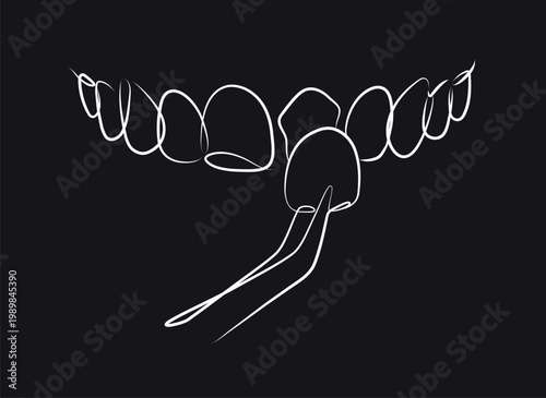 Ceramic veneers installation procedure for teeth silhouette drawing in linear style on black background