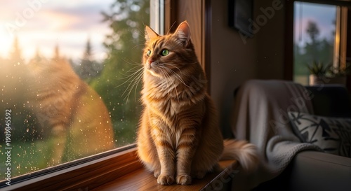 Orange tabby cat sitting on windowsill looking outside at sunset with sunlight