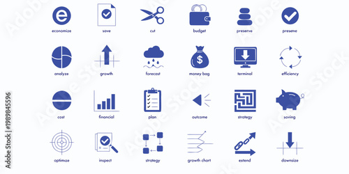Collection of blue business and finance icons for economy, growth, and investment, vector graphics.