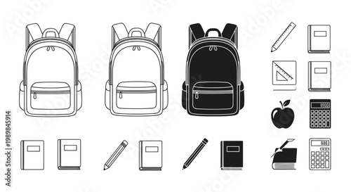 Vector set of school supplies and education icons on white background.