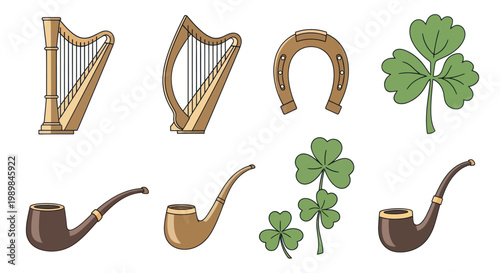 Irish cultural symbols and lucky charms vector illustration set.
