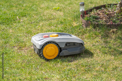 A robotic lawn mower cuts grass in a garden setting on a sunny day. The automated machine maintains a green lawn efficiently.
