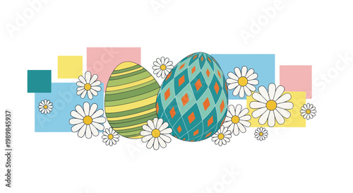 Colorful Easter eggs and daisies with retro blocks on white background