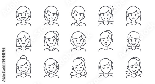 Set of diverse female faces with various emotions and expressions