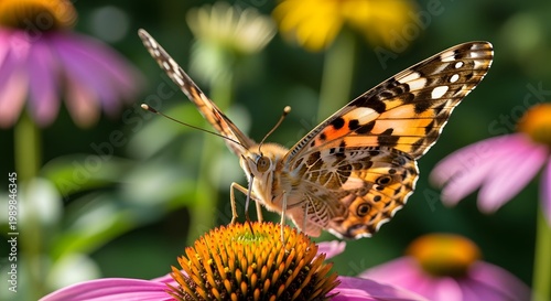 Painted lady butterfly gracefully perched on flower during the bright spring season sunny day