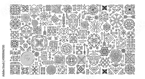 Icons travel and adventure doodle pattern with arrows, compass, flags, maps, suitcases, and landmarks on seamless background