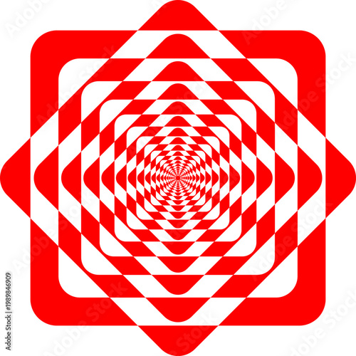 The design shows a pattern made of red and white shapes. The layers create a spiral effect that draws the eye. The multiple rings appear to move inward.