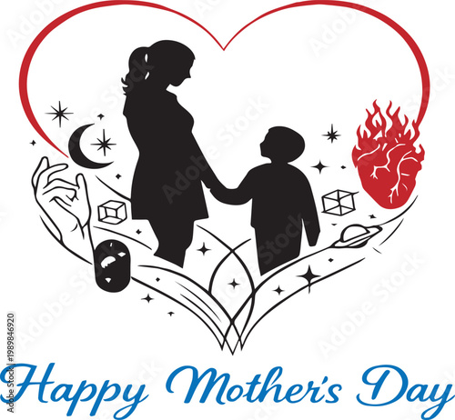 Mother’s Day Heart Illustration – Mother and Child Silhouette with Symbolic Elements