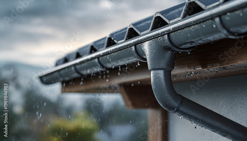 Metal rain gutter system channels water away from house roof preventing damage. Downpipe directs rainfall efficiently. Durable aluminum, steel construction ensures weatherproof protection for home