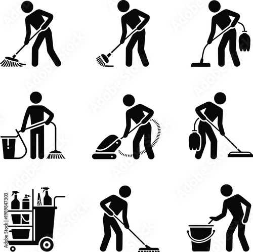 Cleaning service person sweeping vacuuming mopping and cleaning cart