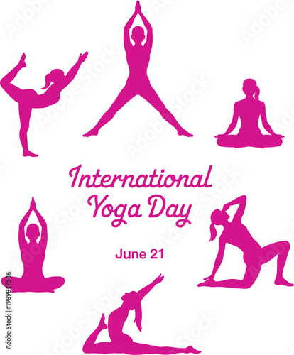 International yoga day pink silhouette set with women in various poses, for june twenty first celebration