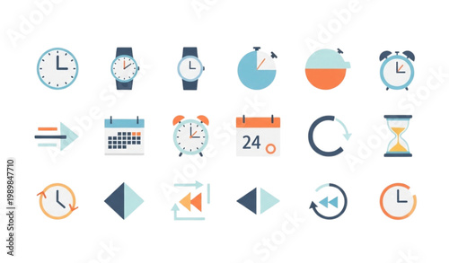 Time icon set with clock watch timer alarm calendar and schedule symbols in modern flat vector style isolated on white background