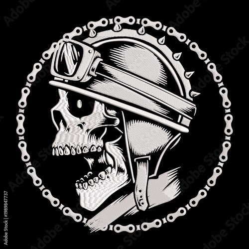 Vintage Biker Skull Illustration with Motorcycle Helmet on Black Background