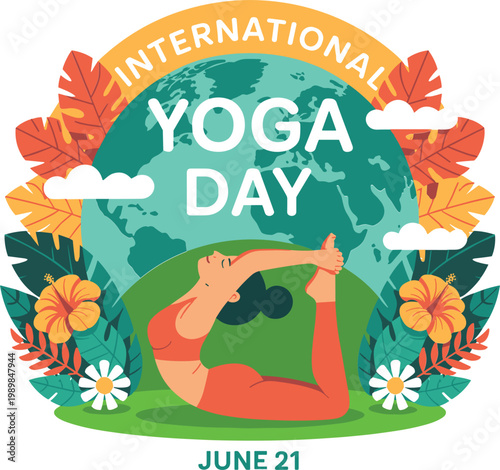 International yoga day banner with woman in bow pose, world map and tropical hibiscus flowers