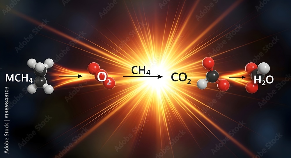 Fototapeta premium chemical reaction of methane combustion with oxygen producing carbon dioxide and water