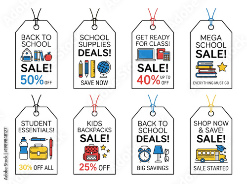 Back to School Sale Sticker Set: Bright Colorful Retail Promotion Labels, Education Discount Badges, and Flat Vector School Supply Icons
