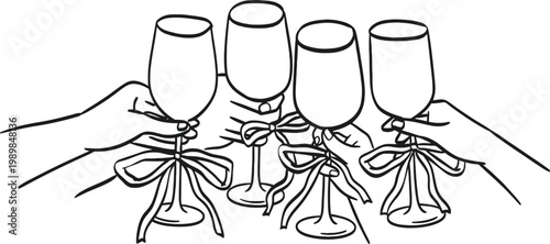 Cheers a hand holding five champagne flutes in a line art illustration