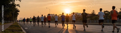 crowded city road captured warm golden hour runners various states exertion stretching towards vibrant orange hues