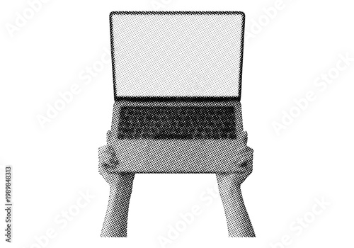 Trendy hand using laptop computer halftone collage. Retro halftone collage element isolated on transparent background