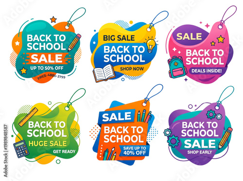 Modern Abstract Back to School Sale Stickers: Vibrant Vector Education Icons, Geometric Retail Discount Labels, and Trendy School Supply Graphics for Marketing