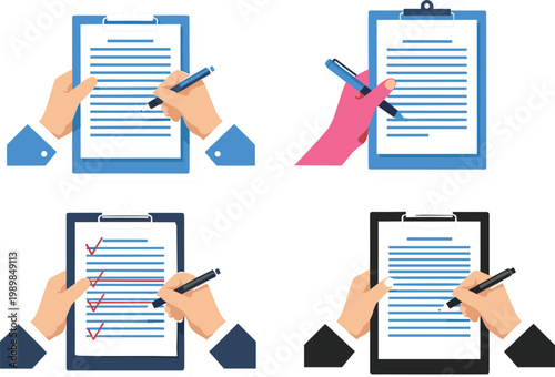 Checklist and document review concept with hands marking tasks on clipboards representing workflow, audit, approval and business organization in flat style