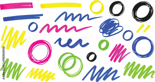 Colorful scribble art abstract shapes and lines on white background