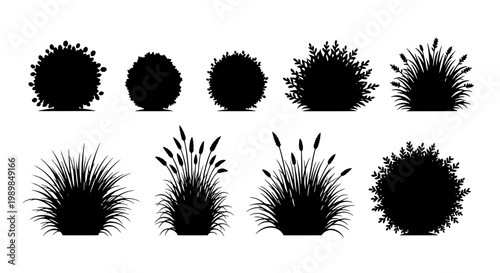 Flower bushes and grass clumps silhouettes set with spiky textures, small shrubs, and vector-style landscaping shapes