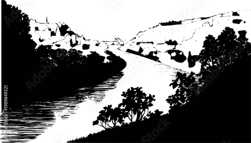 Black and white silhouette of a winding river flowing through a valley with a village the hillside