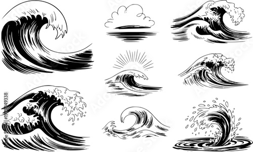 Collection of black and white hand-drawn ocean waves and water nature