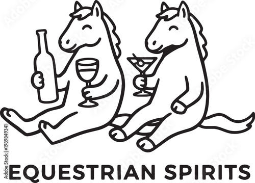 Two cartoon horses enjoying drinks with a bottle and glasses isolated on a white background