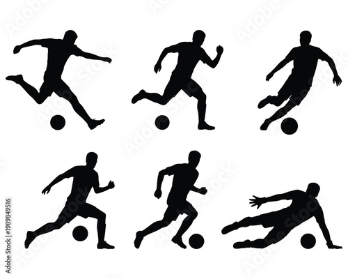 Dynamic figures of athletes in motion with soccer balls presented as a striking silhouette
