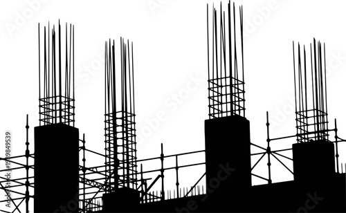 Black silhouette of unfinished concrete building framework with rebar and scaffolding against white background