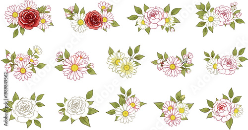 Collection of delicate floral arrangements featuring roses and daisies in soft pastel colors arranged as decorative botanical elements for elegant design