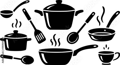 Collection of black kitchen utensils and cookware white background, cooking