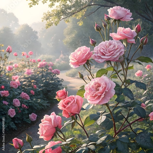 Pink roses floral background with butterflies and romantic decorative design