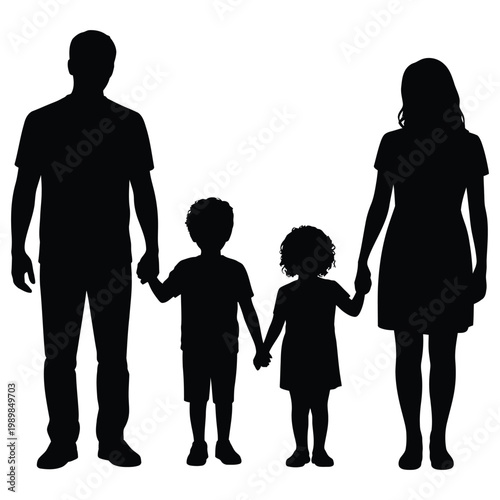 A family of four including two children are depicted holding hands a striking silhouette