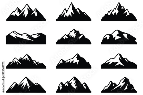 A collection of nine monochromatic mountain shapes arranged on a plain white background silhouette