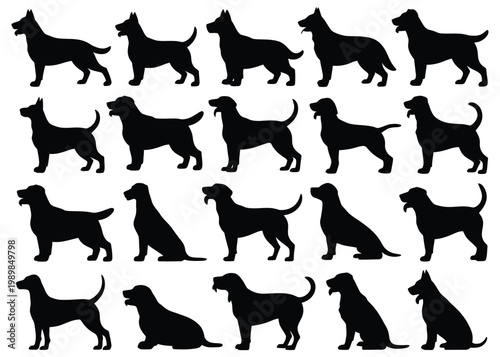 A collection of various dog breeds depicted in a stark black silhouette high quality