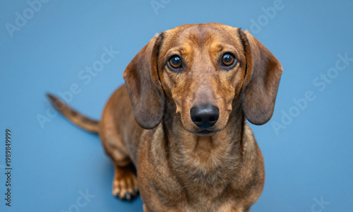 dachshund large expressive eyes distinctive snout sits attentively bright blue floor wall surface