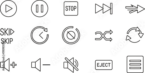 Foto Collection of black and white media player control icons play pause stop skip an