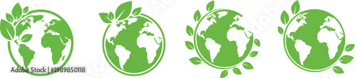 Four green earth icons with leaves