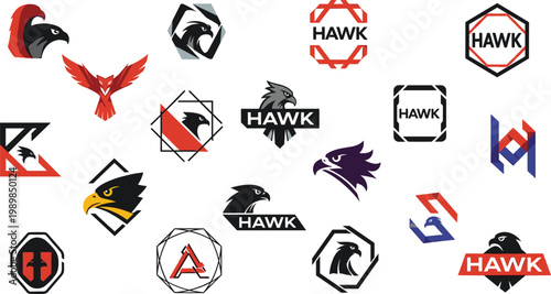 Collection of hawk logo designs in modern geometric style featuring aggressive bird emblems for sports branding, esports teams and business identity