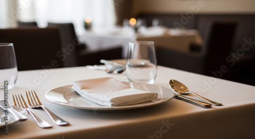 A table set for dinner in a modern restaurant with elegant tableware and a blurred background