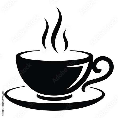 A black and white illustration depicts a steaming cup of coffee on a saucer a minimalist silhouette