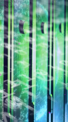 Vertical video: On loop LED wall showing teal globe, swirls moving, pink specks appearing for show