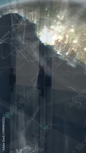 Vertical video: Globe overlay appearing TL sweeping door, lighting, panning, fading to show network